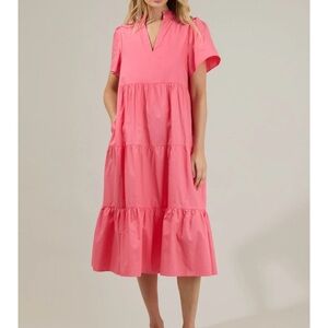 THML Amayah Tiered Midi Pink Short Sleeve Dress M